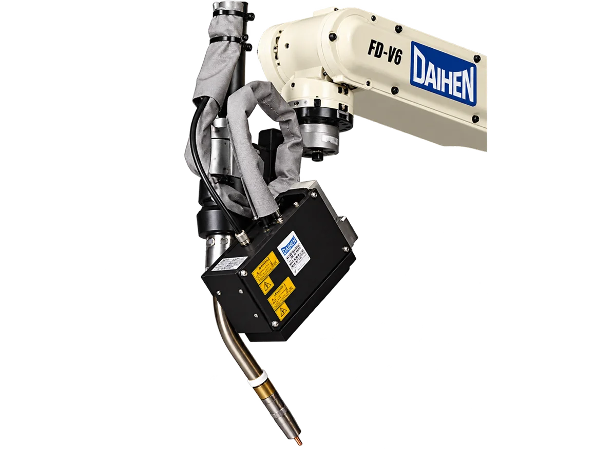 OTC DAIHEN FD-QF laser search sensor mounted beside a robotic welding torch