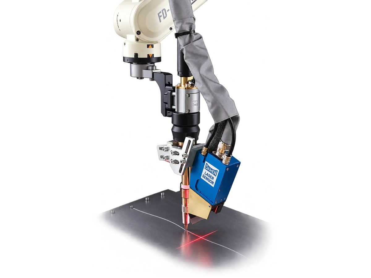 OTC DAIHEN FD-QT laser seam tracking sensor mounted beside a welding torch